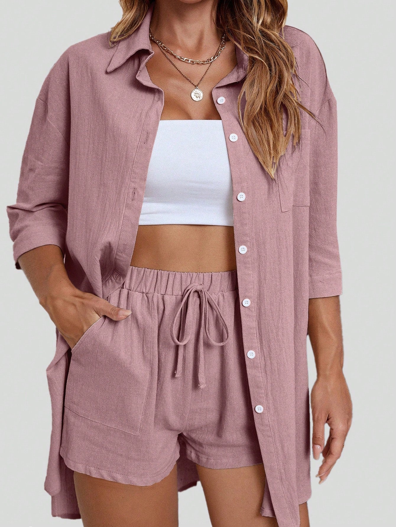 Plus Size Spring/Summer Casual Solid Color Shirt And Shorts Two-Piece Set