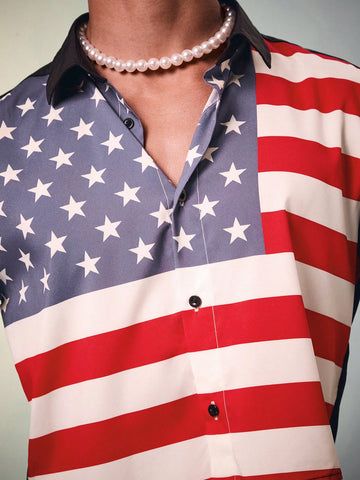 Men's Loose American Flag Pattern Woven Short Sleeve Shirt, Suitable For Summer