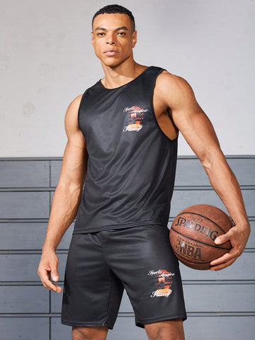 Men's Summer Letter Print Sleeveless Round Neck Vest And Shorts Sports Set