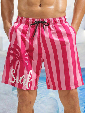 Men's Palm Tree Striped Print Drawstring Waist Beach Shorts, Summer