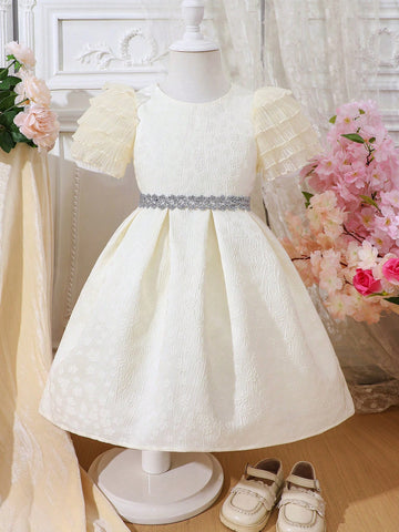 Girls' Spring/Summer 3D Relief Texture Mesh Sleeve Elegant Princess Style Dress