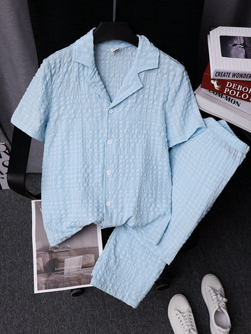 Teen Boy Simple Light Blue Short Sleeve Open-Front Top And Long Pants Casual 2-Piece Homewear Set