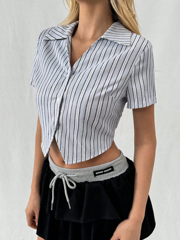 Vintage Striped Slim Fit Short Sleeve Shirt With Waist Shaping