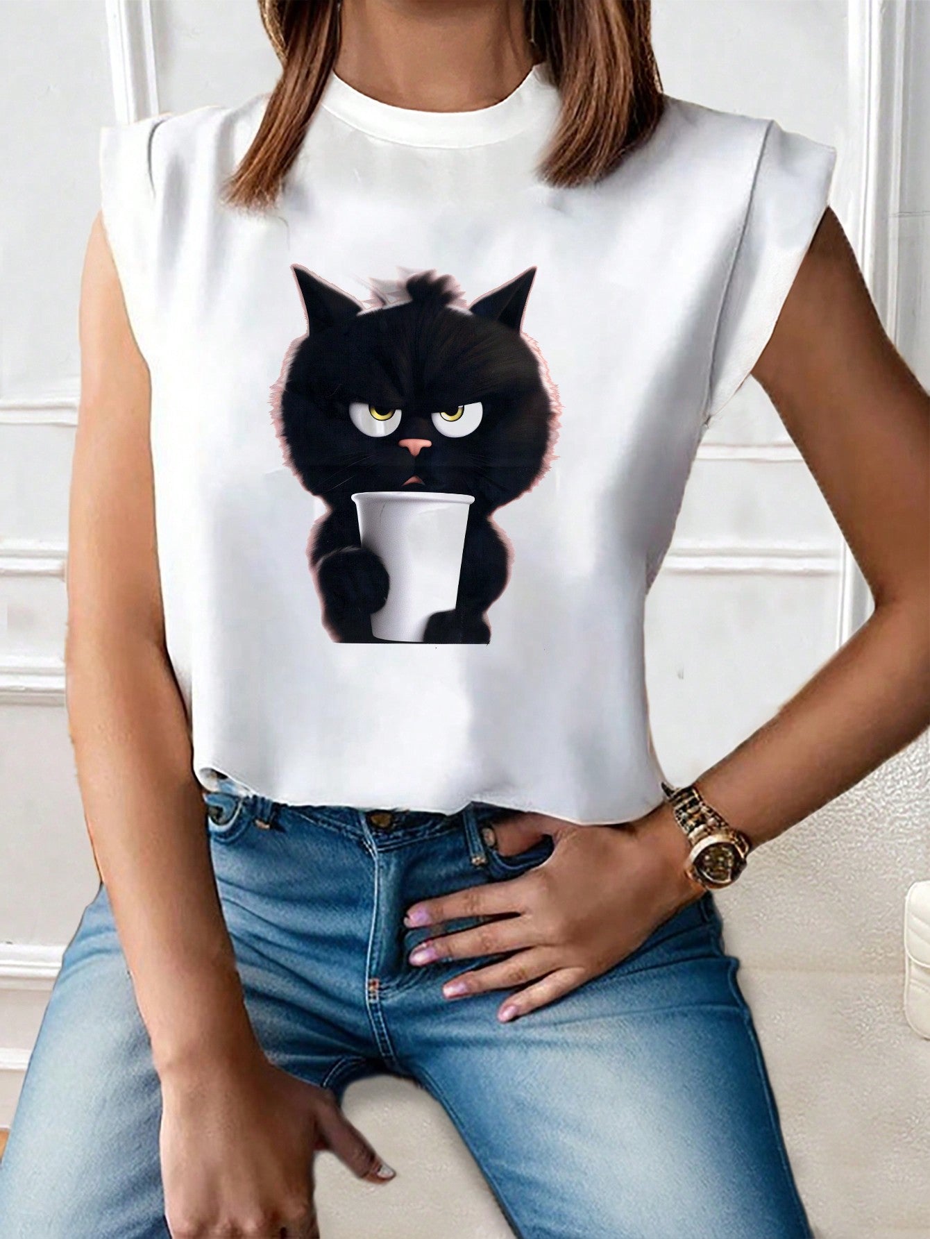 Casual And Simple Cat Pattern Round Neck Women T-Shirt, Suitable For Summer