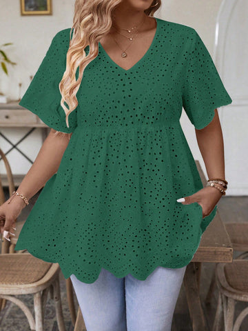 Plus Size Women's Fashion Solid Color V-Neck Lace-Up Waistband Shirt