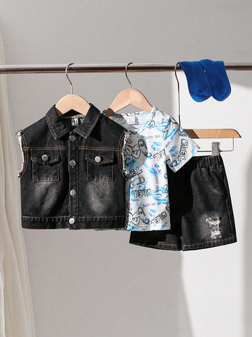 3pcs Baby Boys' Casual Cool Vest, T-Shirt And Shorts Set