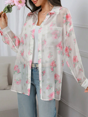 Women's Floral Print Long Sleeve Vacation Style Shirt