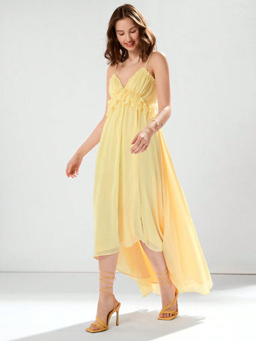 Women's Yellow Summer Holiday Solid Color Spliced Asymmetrical Hem Romantic Elegant Dress With Side Slit And Ruffle Detail