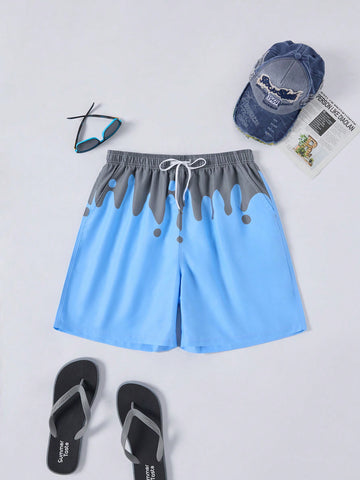 Men's Color-Block Loose Beach Shorts With Drawstring Waistband For Vacation