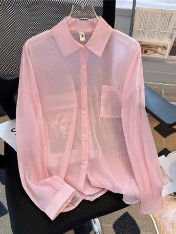 Women's Solid Color Button-Front See-Through Shirt With Pocket For Summer Casual, Long Sleeve