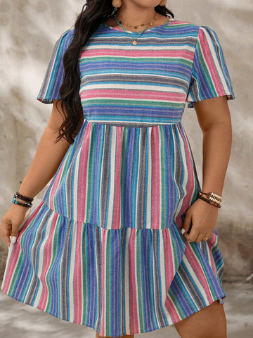 Plus Size Round Neck Striped Print Ruffle Hem Vacation Dress