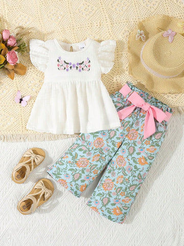 Baby Girl Round Neck Flutter Sleeve Embroidered Floral Pattern Crinkled Blouse And Belt Pants Lightweight Suit For Summer Vacation