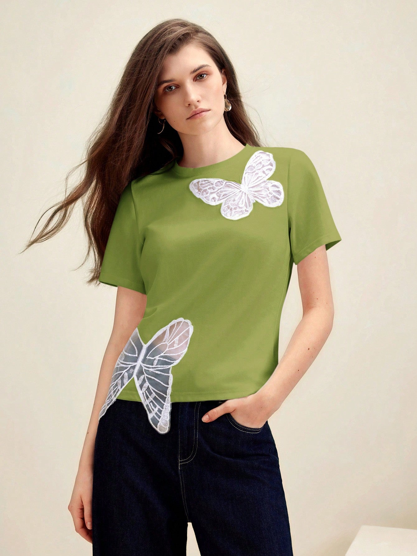 Elegant Daily Wear Asymmetrical Butterfly Hollow Embroidery White Fitted Women's T-Shirt