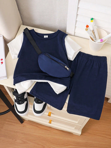 3pcs/Set Baby Boys' Trendy 2 In 1 Top And Shorts Outfit For Spring/Summer, Comes With A Crossbody Bag