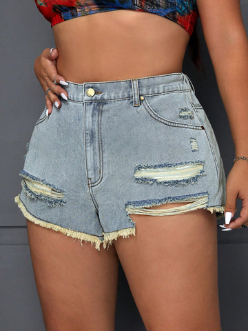 Plus Size Solid Color Distressed Frayed Edge Denim Shorts With Pockets For Summer Casual Wear