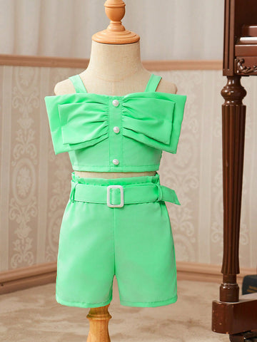 2pcs Baby Girls' Fashionable Bowknot Tank Top And Shorts Set With Belt, Spring/Summer