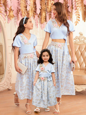 Tween Girl Elegant Gold-Printed Skirt & Floral Applique 2pcs Set, Mommy And Me Matching Outfits (Sold Separately In 3 Sets)