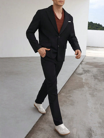 Men's Casual Color Block Detail Long Sleeve Blazer And Trousers Suit