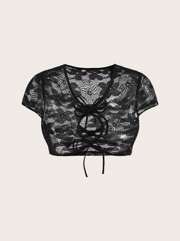 Women's Y2K Lace Hollow Out Knot Front Cropped T-Shirt