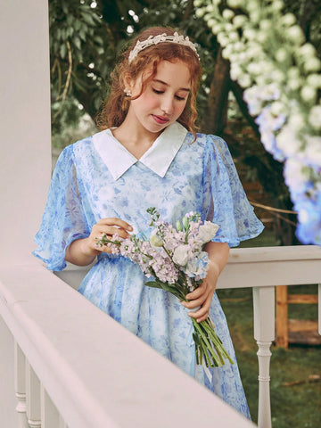 Teen Girls Elegant Gorgeous Organza Floral Print Dress With Peter Pan Collar And Ruffle Sleeves