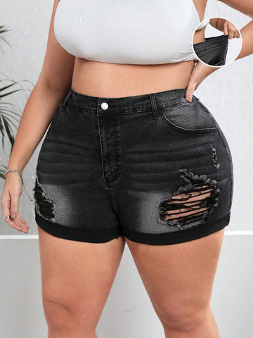 Plus Size Sexy Tight-Fit Distressed Denim Shorts With Stretchy Rolled Hem, Blue