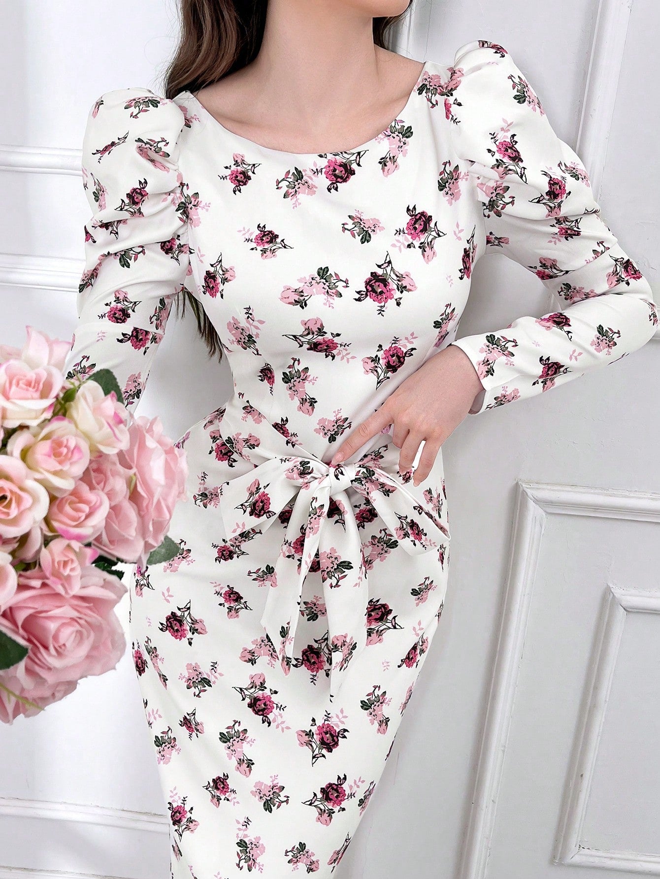 Flower Printed Spliced Water Soluble Lace Waist Cinched Dress