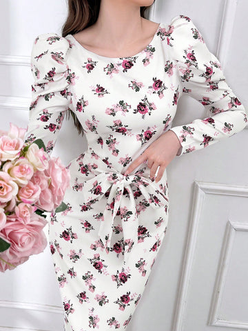 Flower Printed Spliced Water Soluble Lace Waist Cinched Dress