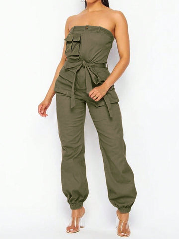 Fashionable Strapless Zipper Bandage Multi-Pocket Jumpsuit