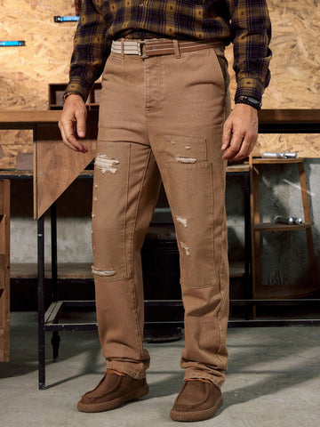 Vintage American Style Men's Khaki Denim Cargo Jeans Loose Straight Pants With Patchwork