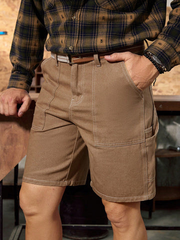 Men's American Style Casual Vintage Khaki Denim Loose Cargo Shorts, Woodworking Shorts