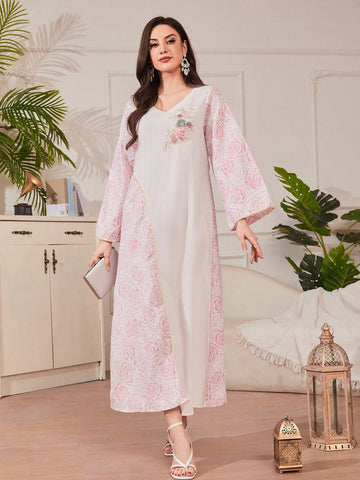 Women's Elegant Floral Jacquard Patchwork Long Dress With 3D Flower Decoration, Spring/Summer