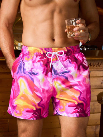 Fashionable Men Loose Fit Beach Shorts With Colorful Print And Drawstring