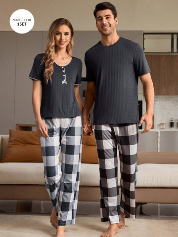 Women's Round Neck Hollow Out Short Sleeve Top And Plaid Pants Pajama Set