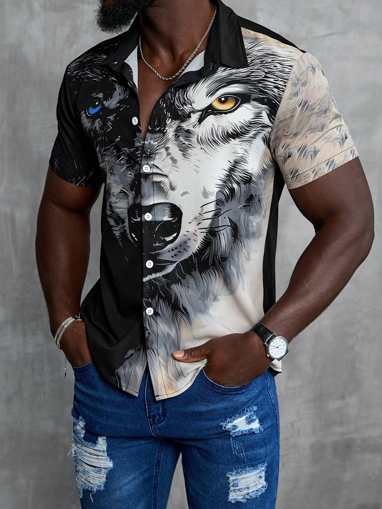 Men's Summer Wolf Printed Short Sleeve Casual Shirt