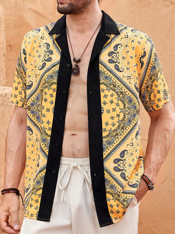 Men's Beach Outfits, Summer Vacation Lightweight Breathable Woven Casual Beach  Color-Block Patchwork Shirt