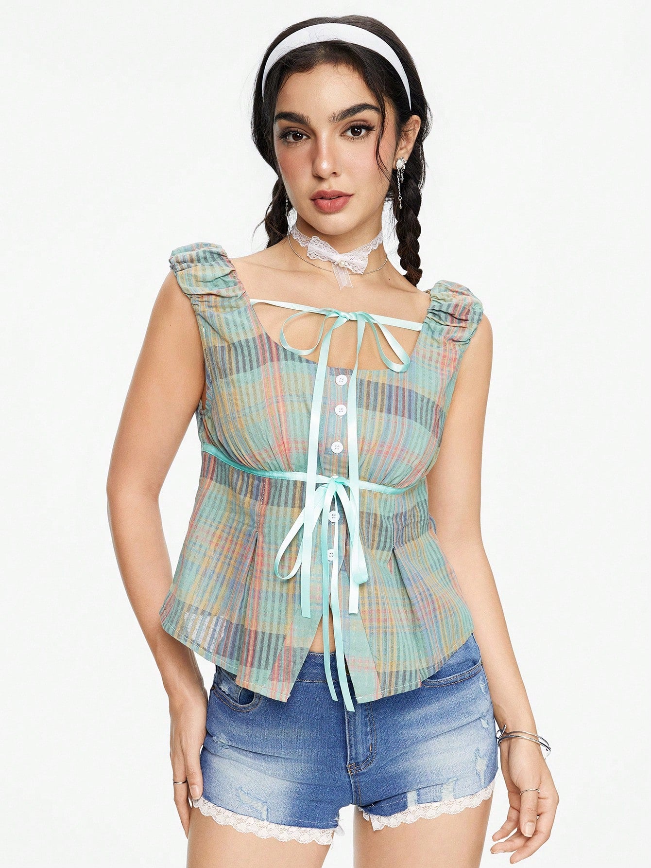 Sexy Plaid Deep V-Neck Tie Front Butterfly Sleeve Button Up Women's Shirt, Spring/Summer