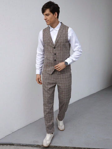 Men's Gentleman Style Checkered Shawl Collar Suit Vest And Trousers Suit Set