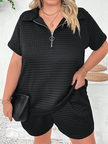 Plus Size Women's Solid Color Zipper Half Placket Short Sleeve Top And Shorts Casual Two-Piece Set For Summer