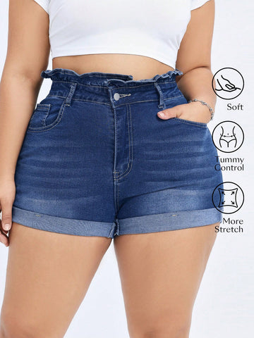 Plus Size Summer Casual Skinny Mini Denim Shorts With Rolled Hem