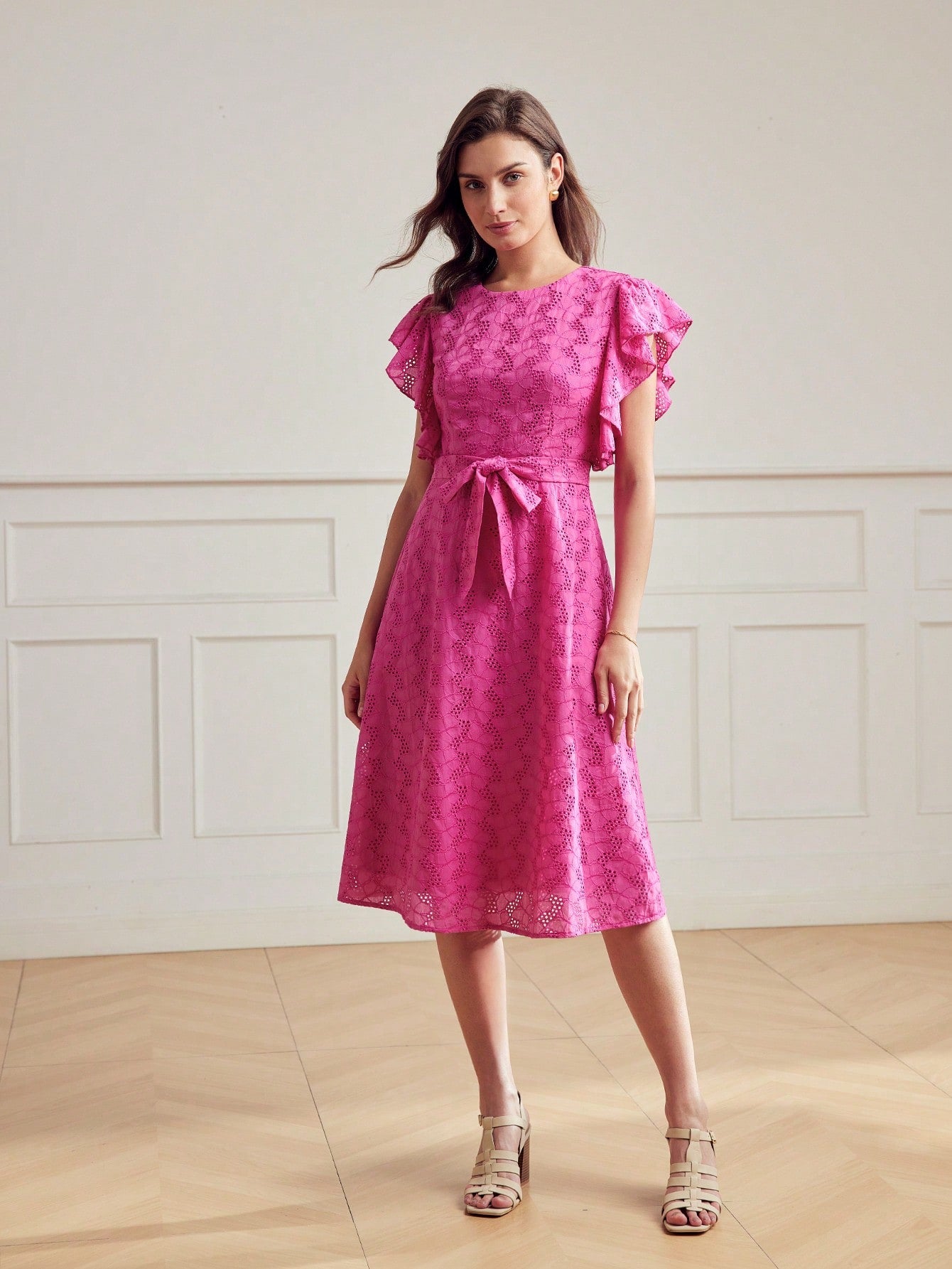 SOLID SCHIFFY FLUTTER SLEEVE BELTED DRESS