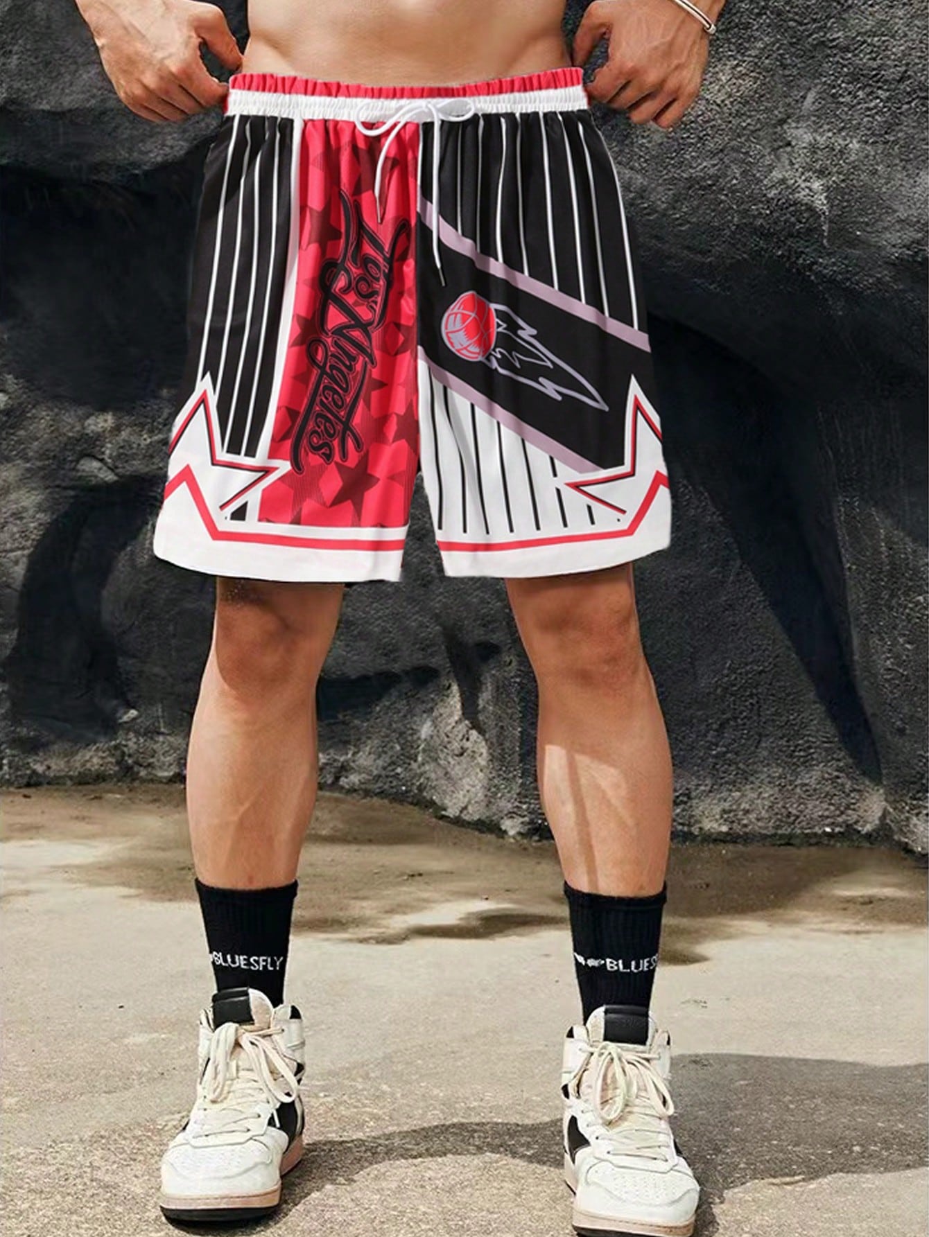 Men's Basketball Striped Print Shorts, Suitable For Daily Wear In Spring And Summer