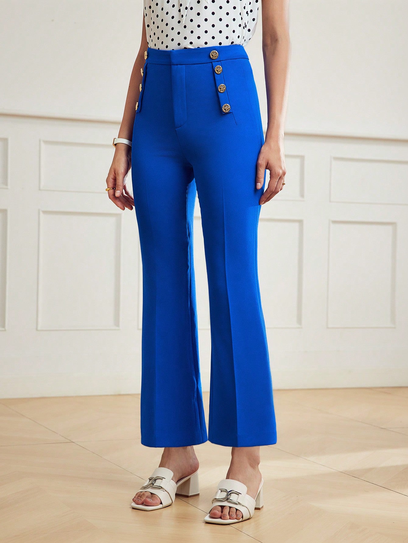 GOLD BUTTON DETAIL SEAM FRONT FLARE LEG SUIT PANTS