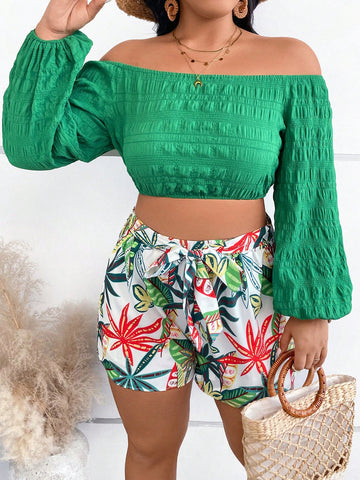 Plus Size Women's Solid Color Off-Shoulder Lantern Sleeve Cropped Top And Tropical Plant Printed Shorts Casual 2pcs/Set For Vacation