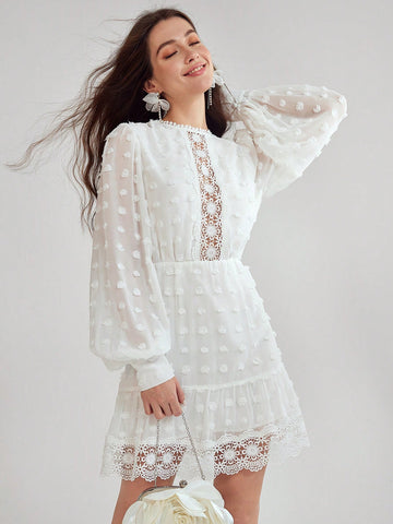 Women's Elegant Round Neck Lantern Sleeve Contrast Lace Short Dress For Spring And Summer