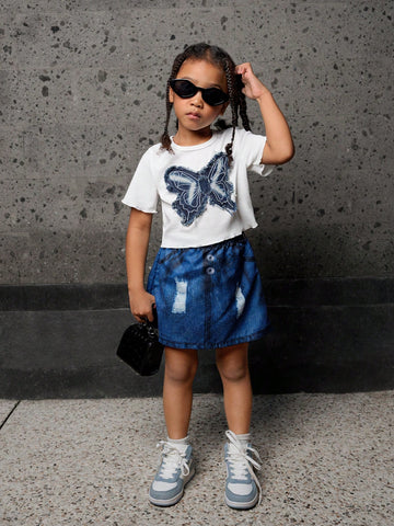 Young Girl Butterfly Pattern Short Sleeve T-Shirt And Denim Print Skirt Casual Two Pieces Set For Summer