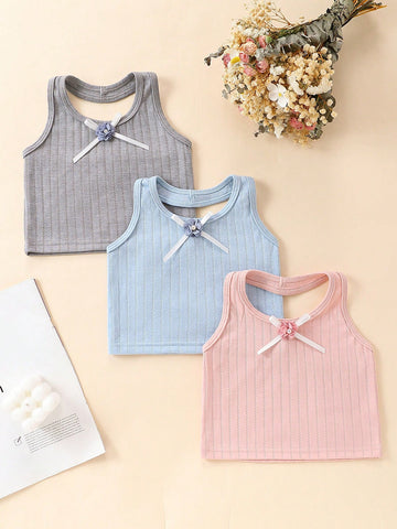 3pcs Solid Color Ribbon Bowknot Camisole Vest Top For Girls, Underwear Set