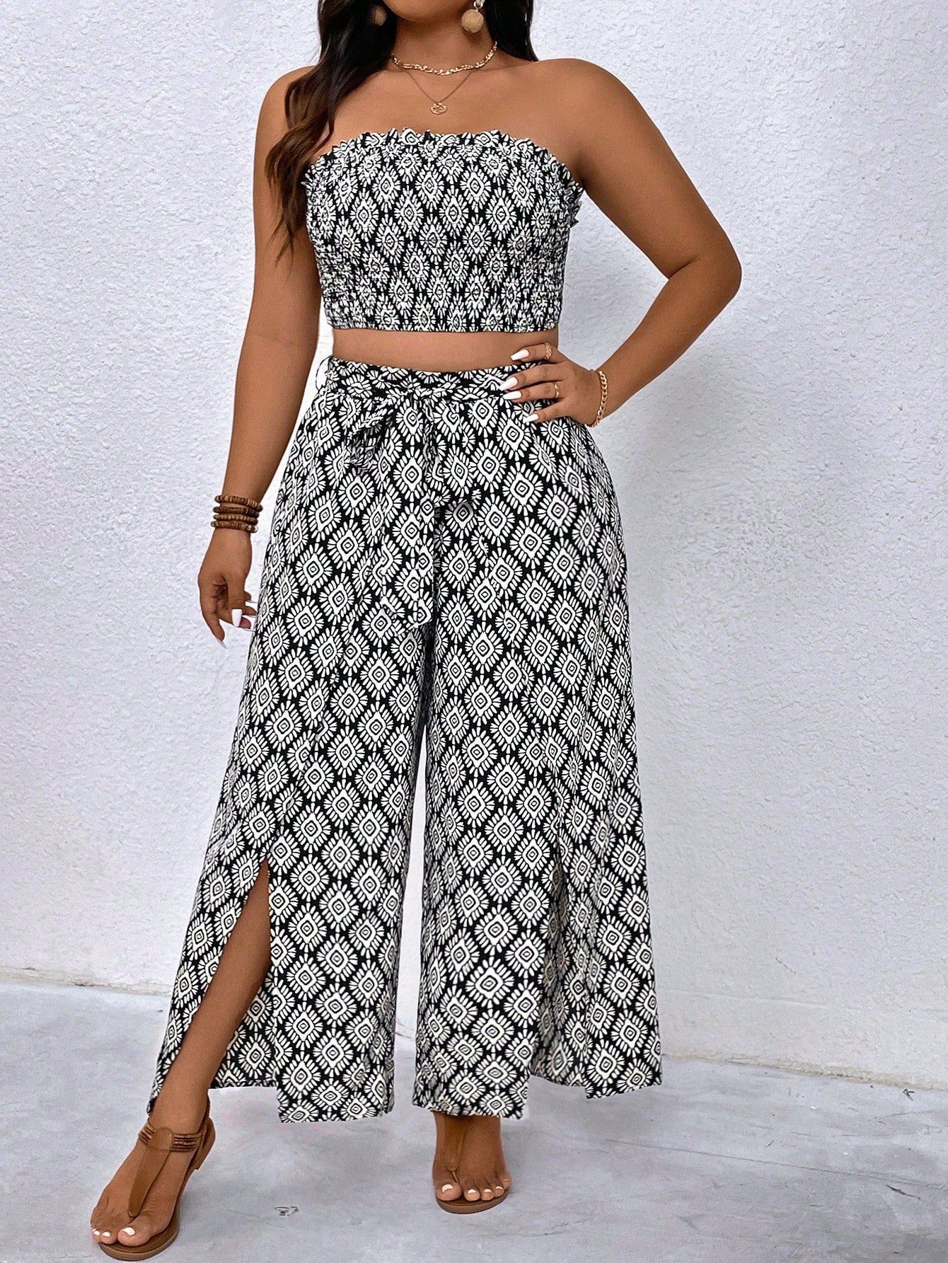 Plus Size Women's Fashion Printed Bandeau Top With High Slit Wide Leg Pants Set