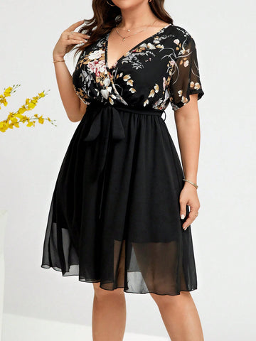 Plus Size Floral Print V-Neck Belted Short Sleeve Summer Dress