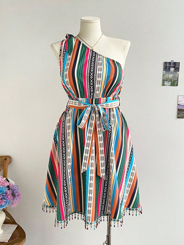 Plus Size Women's One Shoulder Knotted Colorful Striped Waist-Tie A-Line  Short Vacation Dress, Summer Clothes, Easter Dress, Floral Dress