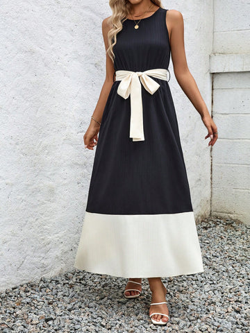 Wave Pleated And Color Block Belted Summer Sleeveless Dress